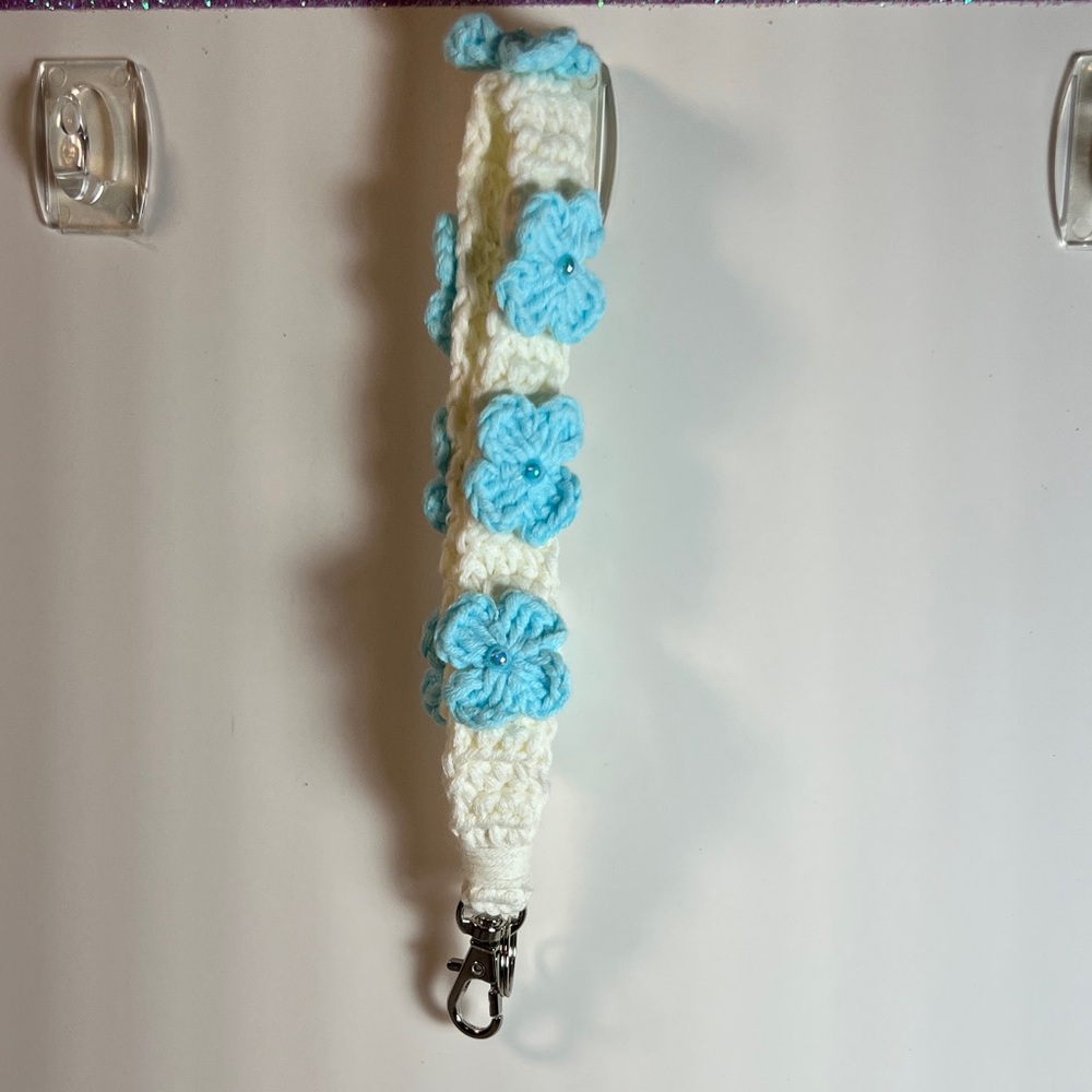 White and Blue Floral Key Holder with Metal Clip